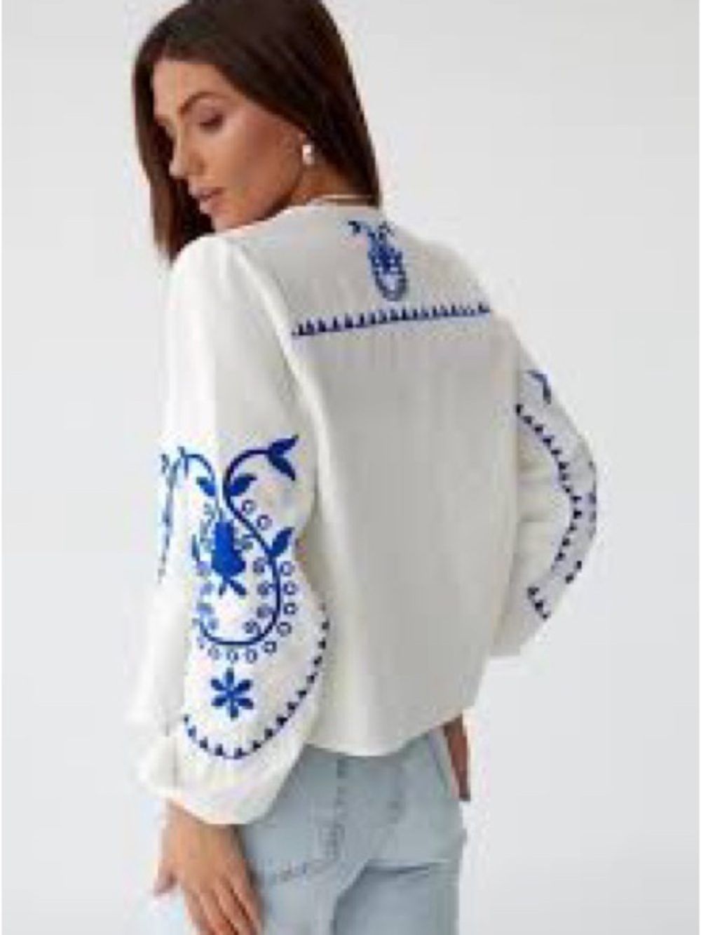 White Boho Embroidered Button-Front Top with Blue Floral Motifs - Picture 4 of 4